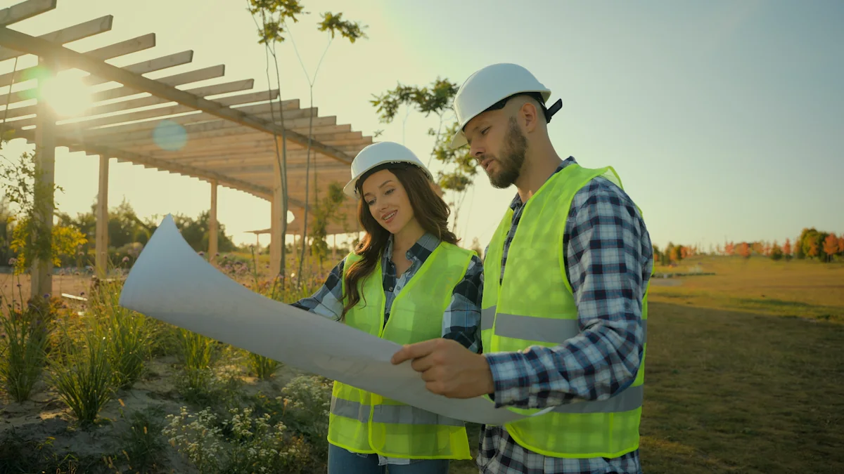 Un homme et une femme qui regarde un plan de terrain