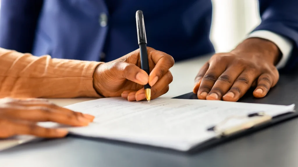 Une personne qui signe un contrat de désolidarisation de prêt à la banque