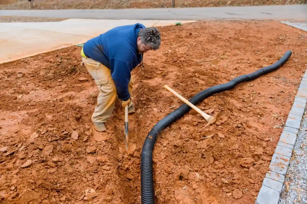 Un homme qui installe un système de drainage en pente