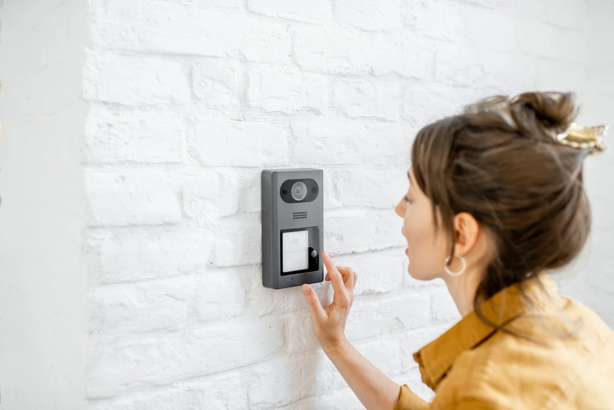 Une femme qui utilise un interphone d'immeuble